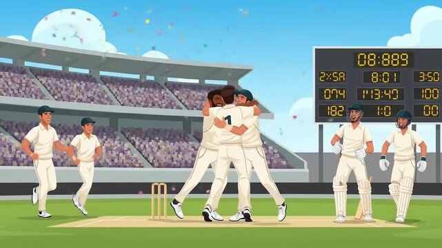 Cricket team celebrating victory on field with scoreboard and stadium backdrop, teammates embracing.