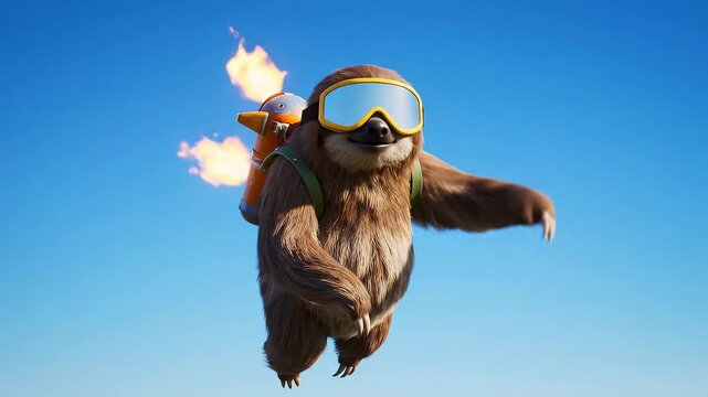 Joyful sloth soars through bright blue sky with jetpack and aviator goggles, pure adventure and fun captured in motion