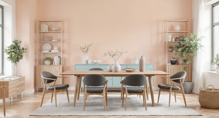 Fototapeta premium Bright Dining Room Interior with Wooden Table, Chairs, and Shelving Units
