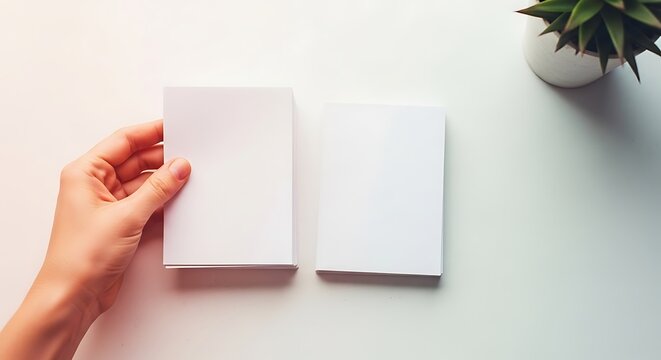 Top view of hand holding blank white cards next to a white surface and plant