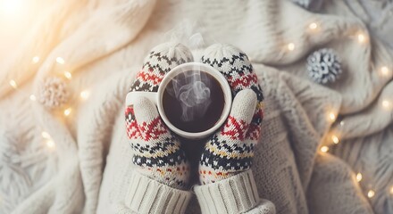 Top view of hands in patterned woolen mittens holding steaming cup of coffee on knit blanket with fairy lights