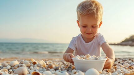 Adorable blond boy happily collecting seashells and pebbles on a serene beach during the tranquil golden hour  Peaceful and beautiful coastal scene with a serene ocean backdrop