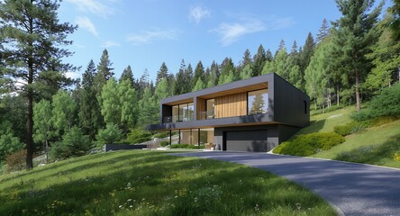 Modern House nestled in a Forest Landscape on a Sunny Day
