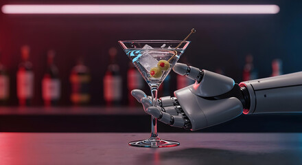 Robotic bartender hand presents a martini glass with olives and ice at a dimly lit bar.