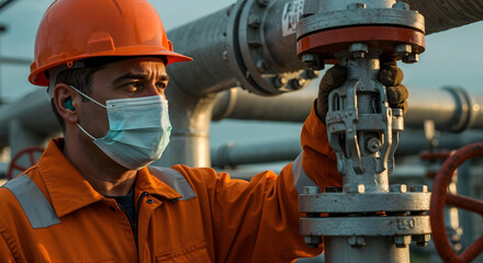 Oil refinery worker in PPE adjusting a large valve.