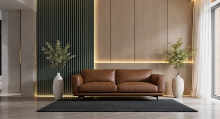 Modern Living Room Interior Design with Brown Leather Sofa and Wooden Wall Paneling