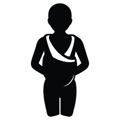 Black silhouette of a person wearing a baby sling baby carrier carrying baby