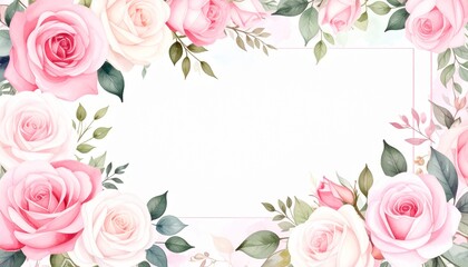 Delicate pink and white roses frame a blank space, creating a romantic floral border perfect for invitations or announcements.