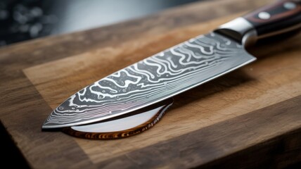 Damascus steel kitchen knife with grunge texture, close-up view