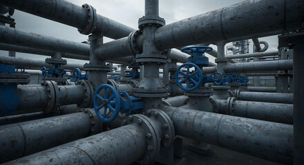 A network of industrial pipes and valves interlock, creating a complex system under a cloudy sky.