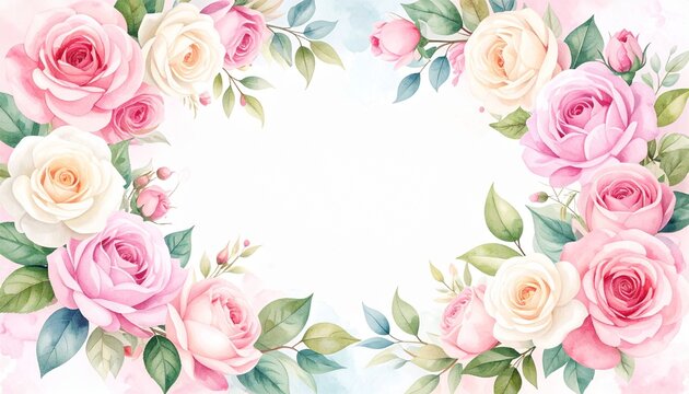 Watercolor roses create a delicate, romantic frame, perfect for invitations or announcements.
