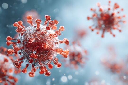 Close up view of multiple red virus cells with spike proteins on a light blue background