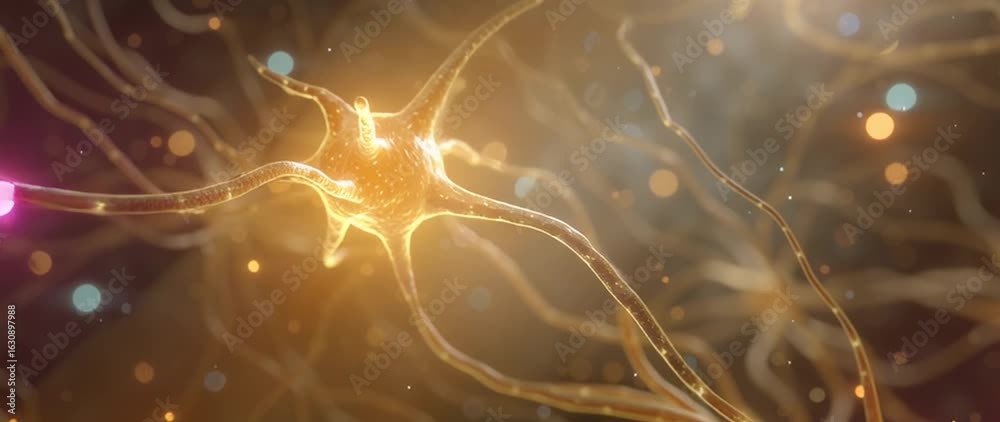 Wall mural anamorphic video neuron or nerve cell with an intricate network. perfect for projects related to sci
