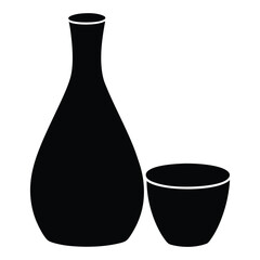 Black silhouette of a sake bottle and cup on a white background sake cup drinkware