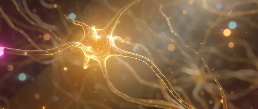 Anamorphic video neuron or nerve cell with an intricate network. Perfect for projects related to science, technology, medicine, artificial intelligence