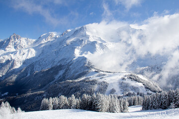 View of the Mont Blanc Massif and the Aiguille du Midi from Le Prarion, Les Houches, Haute-Savoie, France