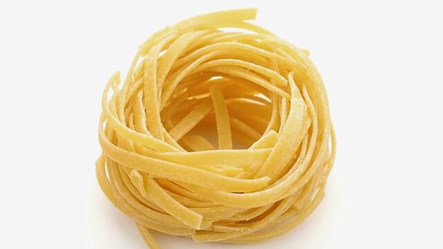 A ringshaped nest of fettuccine pasta strands fills the frame on a plain background