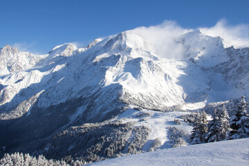 View of the Mont Blanc Massif from Le Prarion, Les Houches, Haute-Savoie, France