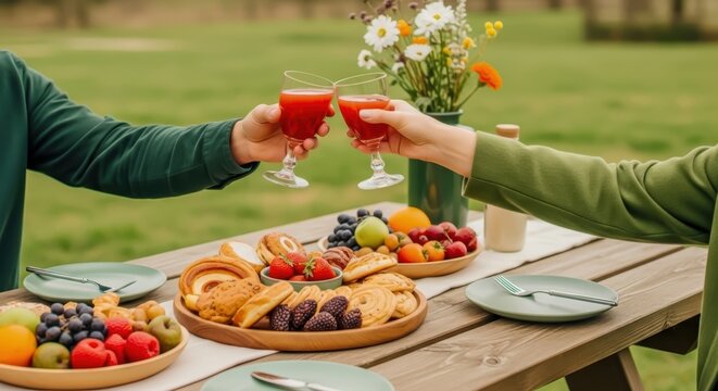 Two people's hands holding glasses of red juice and toasting over a picnic table laden with pastries fruits and berries Couple Drinks Food Summer Outdoors