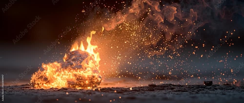 Wall mural anamorphic video shattered stone heart exploding with fiery energy. perfect for projects related to 