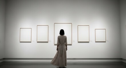 Obraz premium Woman in long dress viewing blank frames on white wall in gallery space