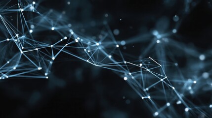 A digital network with glowing nodes and connecting lines against a dark blurred background effect