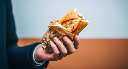 Hand holding a partially eaten sandwich wrapped in brown paper against a blurred background Food Meal Eating Lunch Snack Fast food Takeaway Bread Pastry
