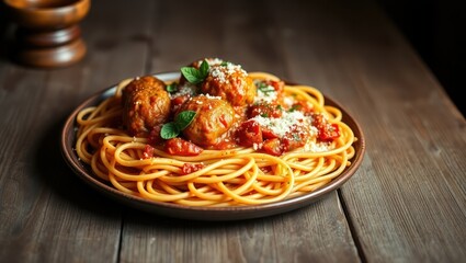 Spaghetti and meatballs on a rustic wooden table. Photorealistic and inviting