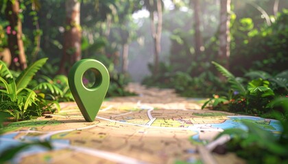 A green location pin marks a path through a lush tropical jungle on a map