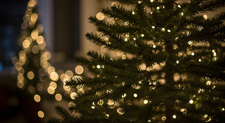 Close up of a christmas tree with small yellow lights in focus and another tree out of focus behind it