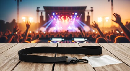 Lanyard and ID badge holder mockup on a table with a live music festival background.