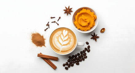 Creative flat lay of pumpkin spice latte ingredients with coffee