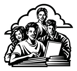 Engraving of Group of Diverse Friends Working on Collaborative Project