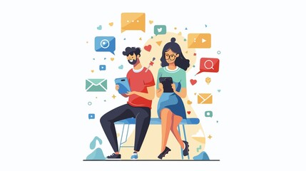 A couple using tablets surrounded by social media