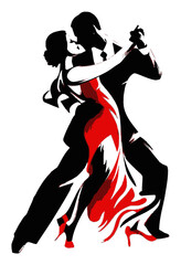 Elegant Silhouette of Couple Engaging in Passionate Dance in Red Attire
