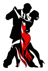 Elegant Dance Embrace in Bold Silhouette Art with Red Dress