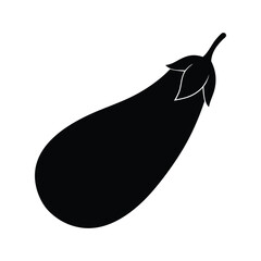 Black silhouette of an eggplant with green leaves on a white background aubergine vegetable
