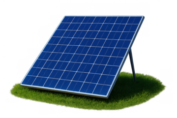 Photovoltaic module capturing sunlight on green grass, converting solar energy into electricity, with transparent background