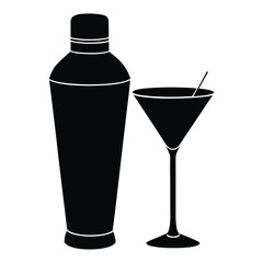 Black silhouette of cocktail shaker and martini glass with straw on white background drink beverage