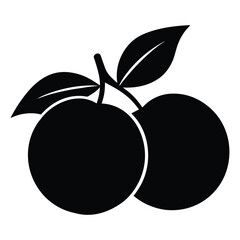 Black silhouette of two cherries with leaves on a white background cherry fruit