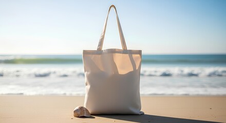 Blank canvas tote bag mockup on a sunny beach with the ocean in the background.