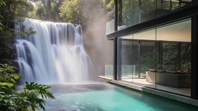 A modern home with glass walls sits next to a lush waterfall and pool of water
