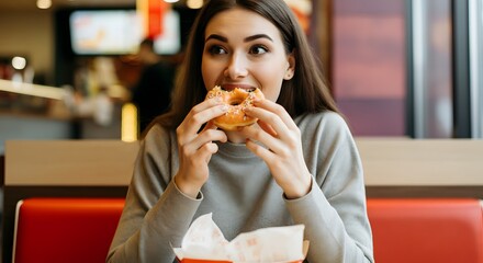 A young woman eating a donut with sprinkles while sitting in a restaurant booth with red seats