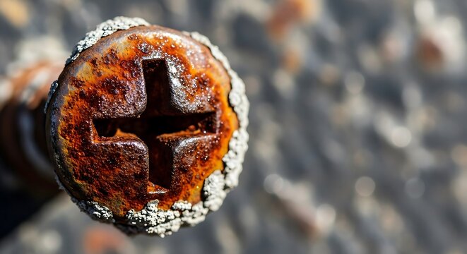 A macro shot of a corroded Phillips-head screw with a white, crusty salt build-up, against a blurred background with negative space.