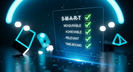SMART goals concept. A holographic checklist displays the letters S-M-A-R-T (Specific, Measurable, Achievable, Relevant, Time-bound), each getting a green checkmark.