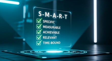 Obraz premium SMART goals concept. A holographic checklist displays the letters S-M-A-R-T (Specific, Measurable, Achievable, Relevant, Time-bound), each getting a green checkmark.