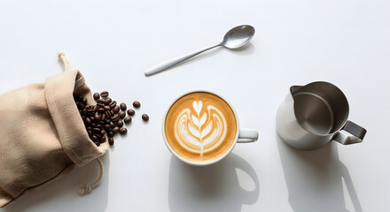 Fototapeta premium Flat lay of a freshly prepared cappuccino with latte art and coffee beans