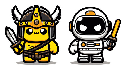 Cute Cartoon Characters: Viking Warrior and Space Explorer Together