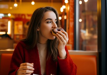 A young woman in a red sweater is eating a chocolate donut in a restaurant booth near the window