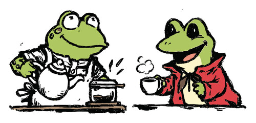 Obraz premium Charming Cartoon Frogs Engaged in Coffee Brewing and Enjoying Beverage